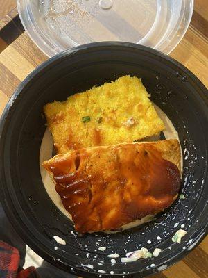 Fridays salmon & cornbread served with a spicy cole slaw. Yummo!!