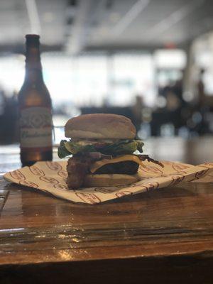 This smoked bacon cheeseburger and bud could be yours