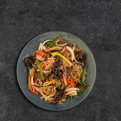 Japchae. Vegetarian Korean stir-fry noodle dish