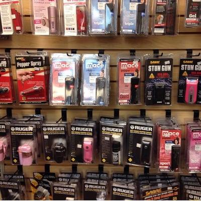 We carry pepper spray, mace, stun guns, tasers, batons, and other non-lethal self defense items.