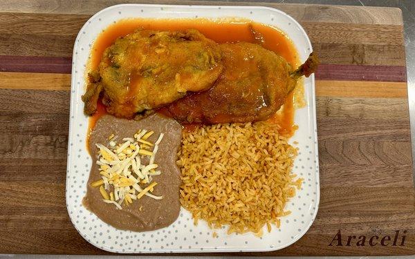 Chile Rellenos with rice and beans