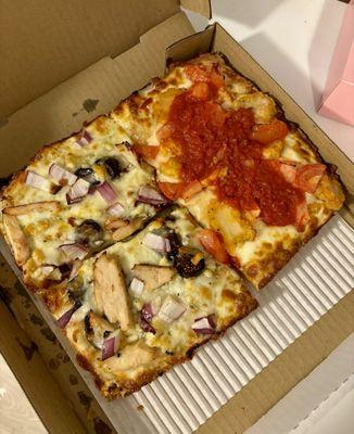 Half Fig-et About It Pizza and Half Chicken Parmesan Pizza