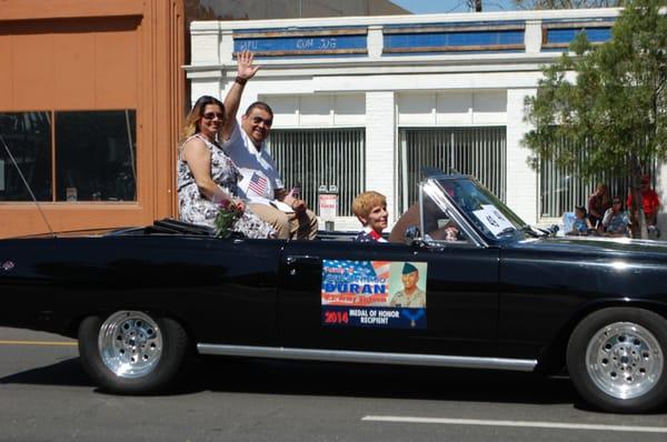 Static Cling Car Sign for the Family of Jesus S. Duran 2014 Medal of Honor Recipient in the 2015 A Salute to Veterans Parade.