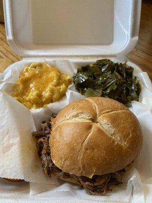 Pulled pork sandwich, Mac and cheese, collard greens