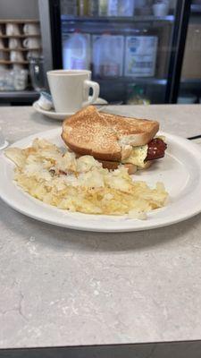 Sausage breakfast sandwich with Homefries