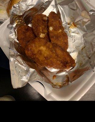 Our "boneless breaded wings" that are actually chicken strips!