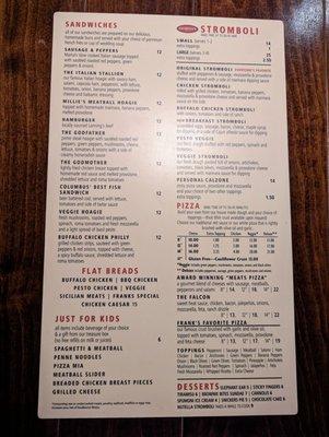 Menu - sandwiches, stromboli etc