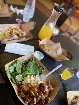 Chicken teriyaki bowl W/salad, lemon pepper wings, mango soju pitcher and pastrami fries