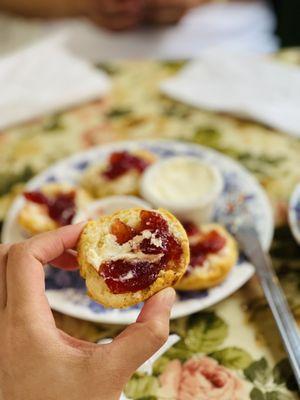 Scone with strawberry jam and clotted cream