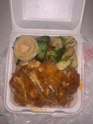 Chicken katsu, noodles, veggies