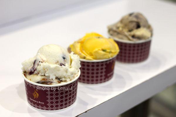 Small Ice Cream ($5.50) - fig & cranberry + date (front), saffron w/ pistachio (middle), cookies and cream (back)