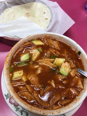 Small bowl of Chicken Tortilla Soup - comes with lots of avocado! Very tasty!