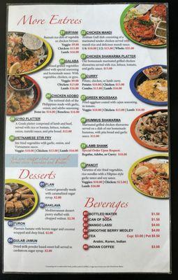 Entrees, Desserts, Beverages menu