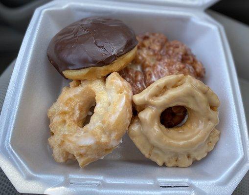 Apple Fritter, chocolate with custard fill, maple and old fashioned glazed donuts