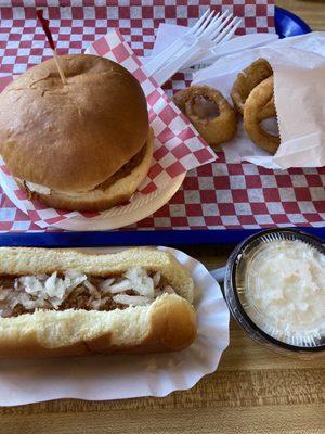 Yum!! BBQ and hotdog with sauce and onions. And perfect onion rings