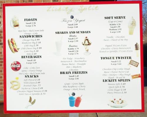 Lickity Splits drive-thru menu.