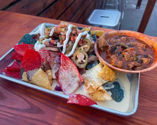 Loaded Nachos with Smoked Brisket and a side of Chili :)