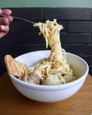 Make it a Bowl - Classic Balls with Parm Cram Sauce over Spaghetti