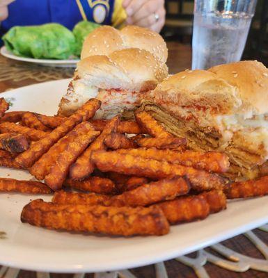 Eggplant parm sandwich + sweet potato fries