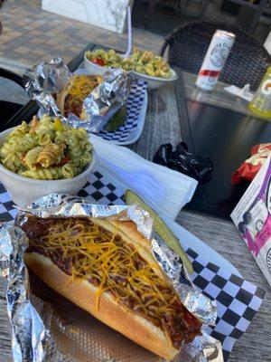 Chili Cheese Dog, pesto pasta salad