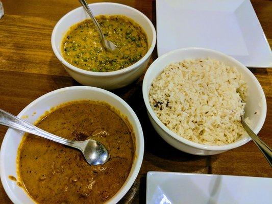 Clockwise from top: Methi mattar malai, rice, lamb rogan josh