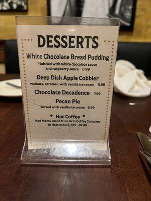 Dessert menu