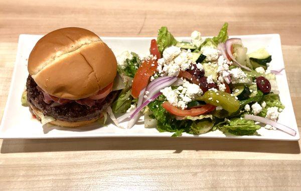 Join us for lunch or dinner and order the Spanish Burger and Mediterranean Salad