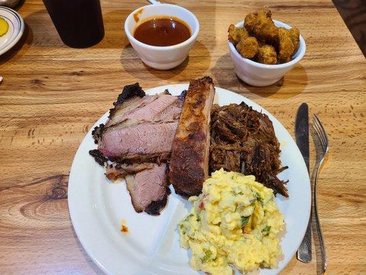 3 meat plate w/ brisket, pulled pork, St. Louis rib, potato salad, and fried okra.