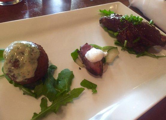 Samples from one of my local favorites, Tusk and Trotter. Arkansas Fritters, Duck Pastrami, Pork Shanks