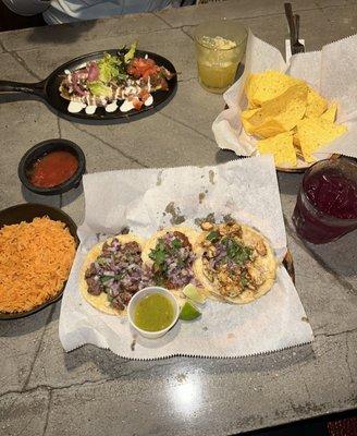 Street Tacos, chips and salsa,  and Huaraches