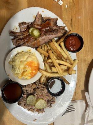 Marbled brisket, pulled pork, fries, Mac and cheese