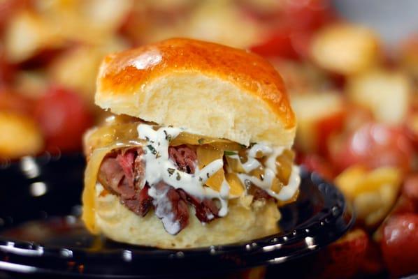 Prime Rib Sliders with Horseradish Sauce and roast baby potatoes