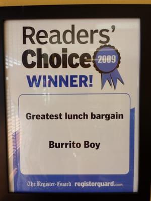 Award Readers Choice winner greatest lunch bargain: Burrito Boy