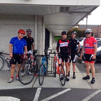 Meeting up with riders before heading out for our shop ride!