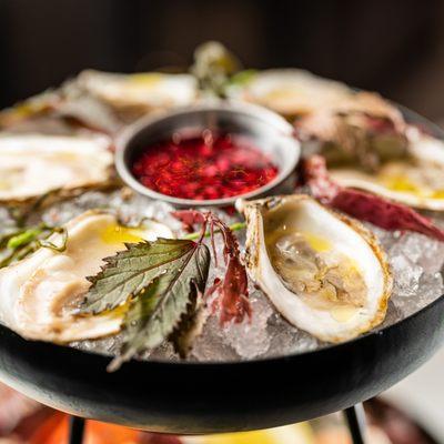 Our three-tiered "Roman Stand" seafood tower with oysters on the half-shell and more.