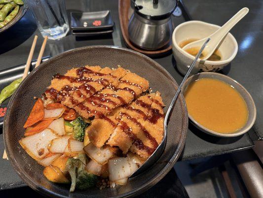 Chicken Katsudon has a nice amount of meat and vegetables and comes with miso soup!