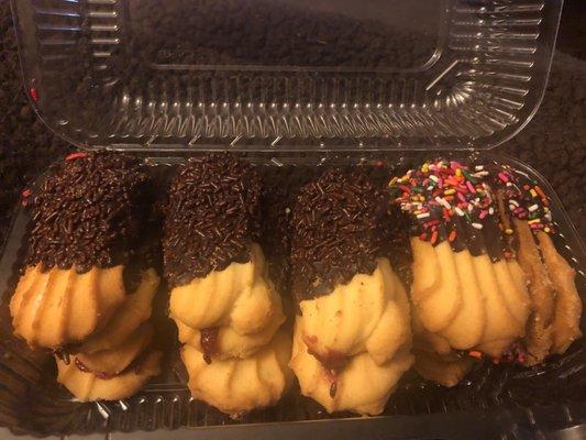 Jelly filled butter cookies dipped in chocolate