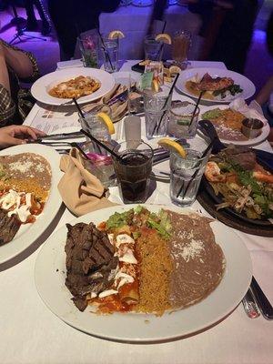 Fajita plate, salmon, chicken pasta and carne asada