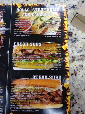 menu - rolls, strombolis, calzones, subs