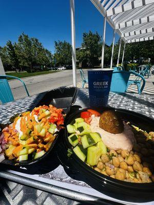 Patio outdoor seating, falafel and chicken bowl with spicy Greek street fries