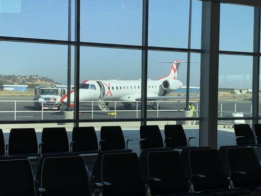 View from spacious departure lounge in the new JSX terminal at CCR.