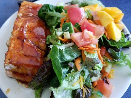 Grilled Salmon with Orange Ginger Glaze, side salad garnished with fresh mango + delectable essence of a Chocolate Cream Cheese Cupcake