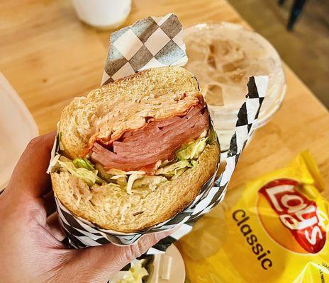 Ferrari sandwich (includes bag of chips) and Iced Chai Latte.