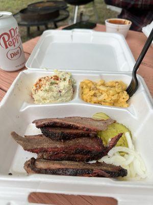 Lean brisket plate with potato salad and bacon mac & cheese.