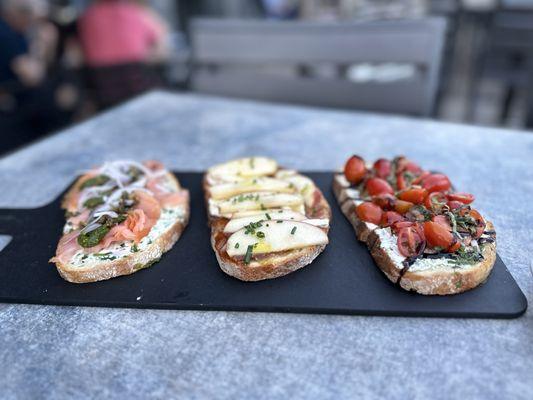 Bruschetta - the salmon one, the apple fig Brie one, and the chèvre one