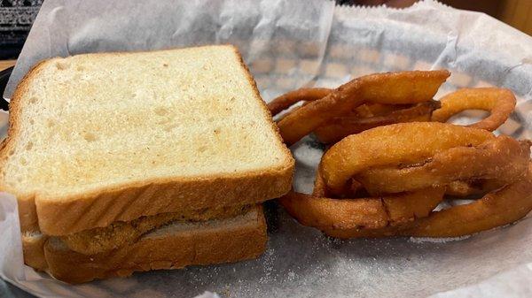 Country-Fried Steak Sandwich. Great breading. Onion rings were tasty