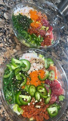 Combination poke bowls (I added jalapeños myself at home)