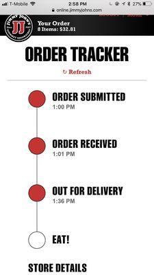 Order placed at 1:00pm. Top of screenshot time stamped 2:58.  After 2 hours the order still hadn't arrived. They never bothered to call.