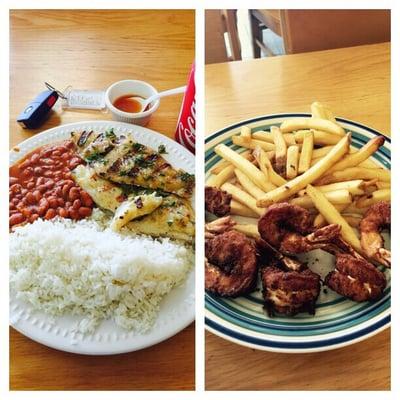 Red snapper entree with beans and rice. Jumbo fried shrimp with fries