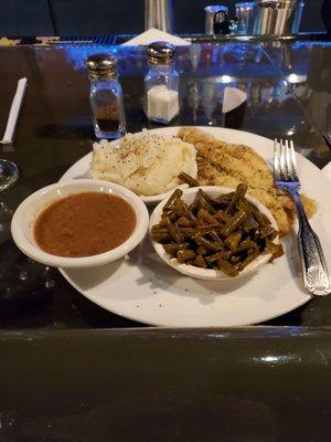 Fantastic, home style dinner of grilled fish, green beans, mashed potatoes and gravy